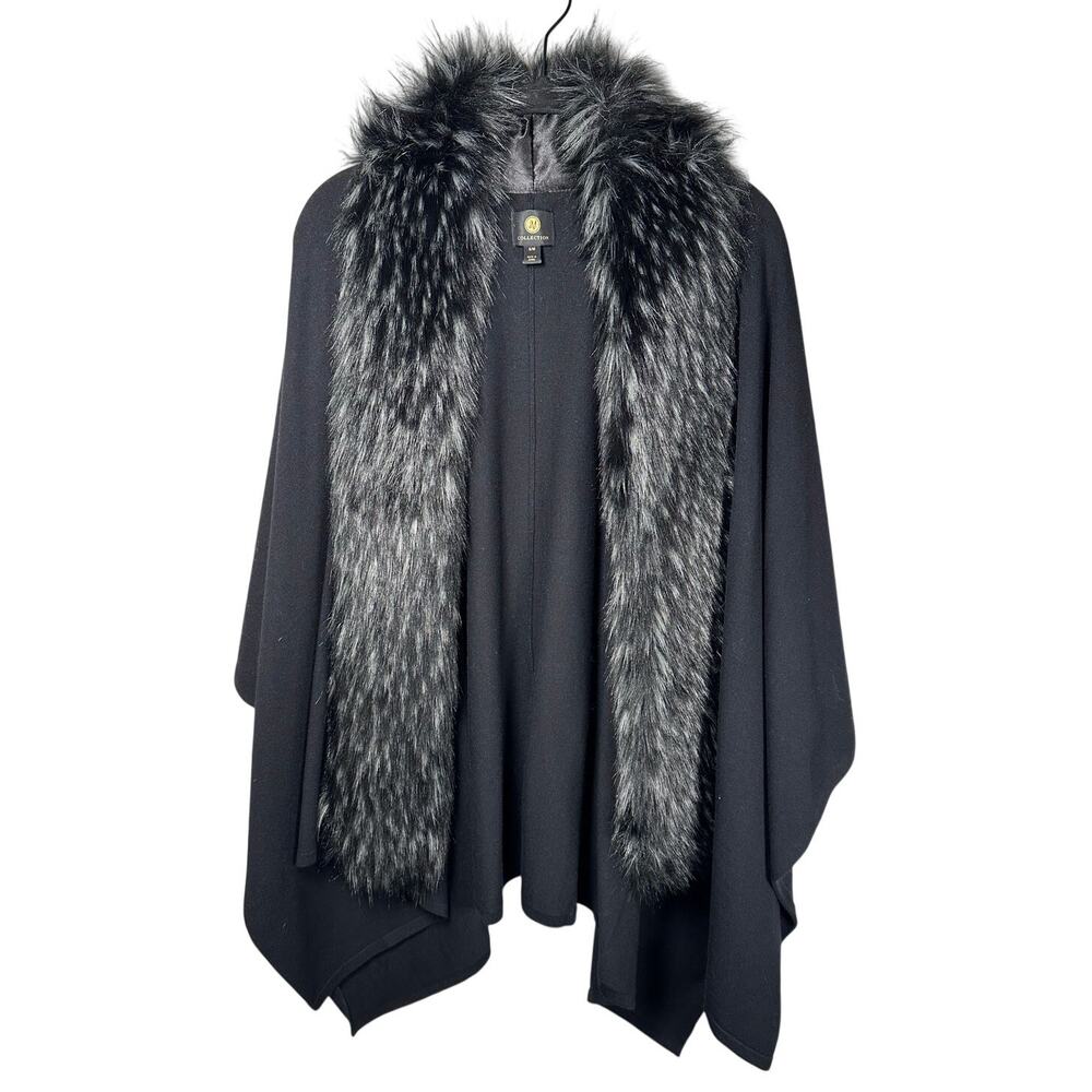 JM Collection Black Faux Fur Knit Trim Ruana Poncho Wrap Cape Womens S/M